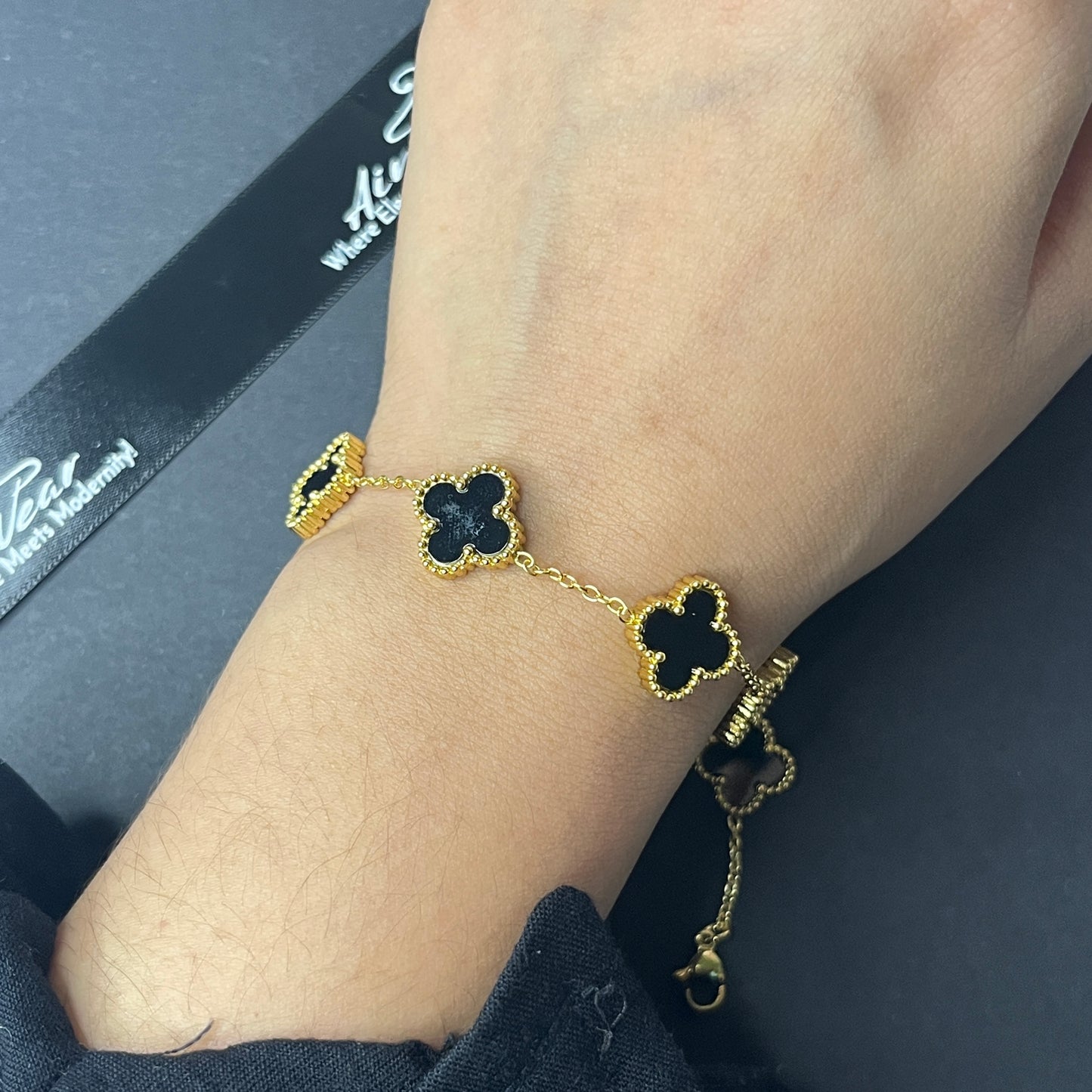 Viral Black And Golden Clover Anti Tarnish Bracelet