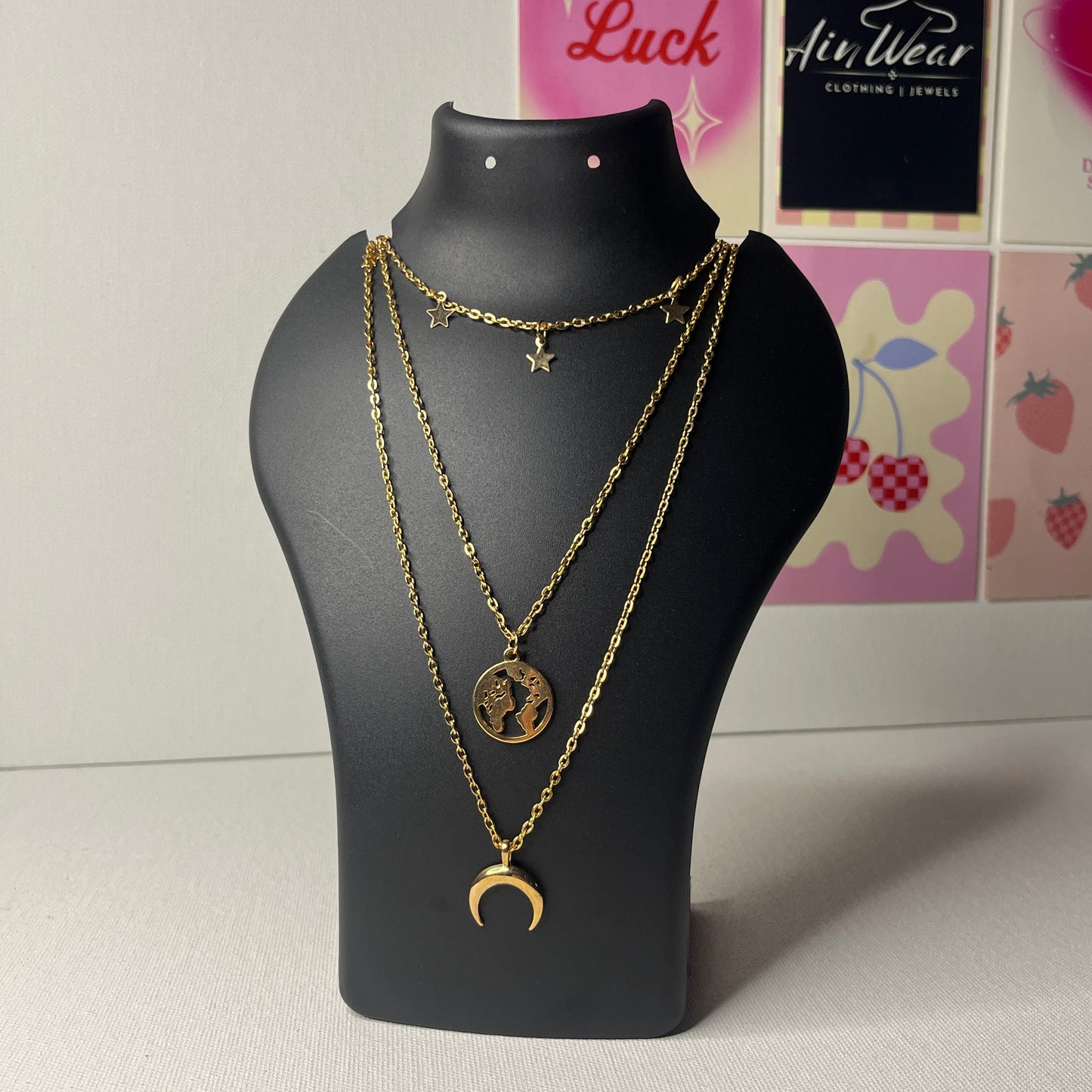 Earth Moon & Stars Layered Gold Plated Necklace