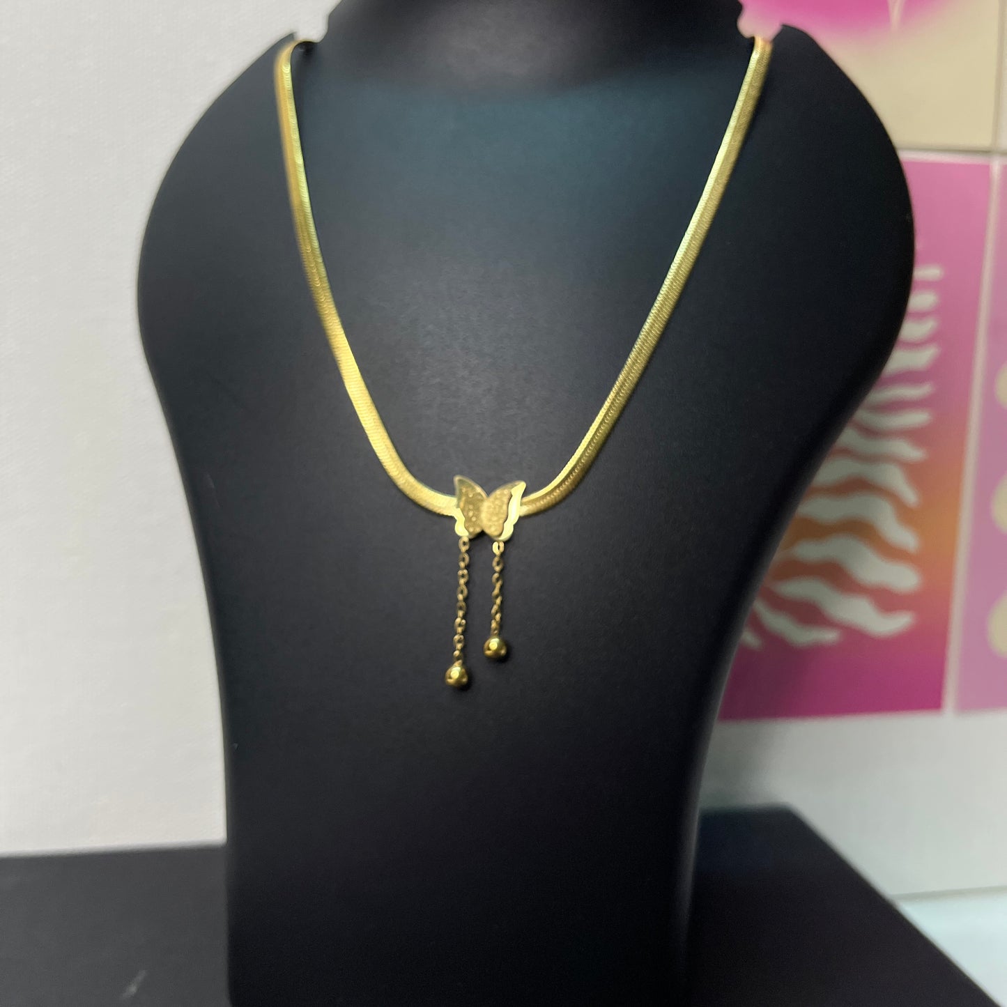 Gold Plated Stainless Steel Anti Tarnish Butterfly Themed Snake Chain Pendant