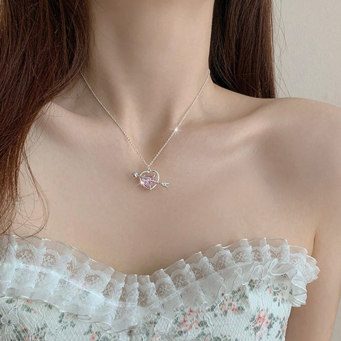 Pinteresty Silver Plated American Diamond Studded Pink Heart Pendant