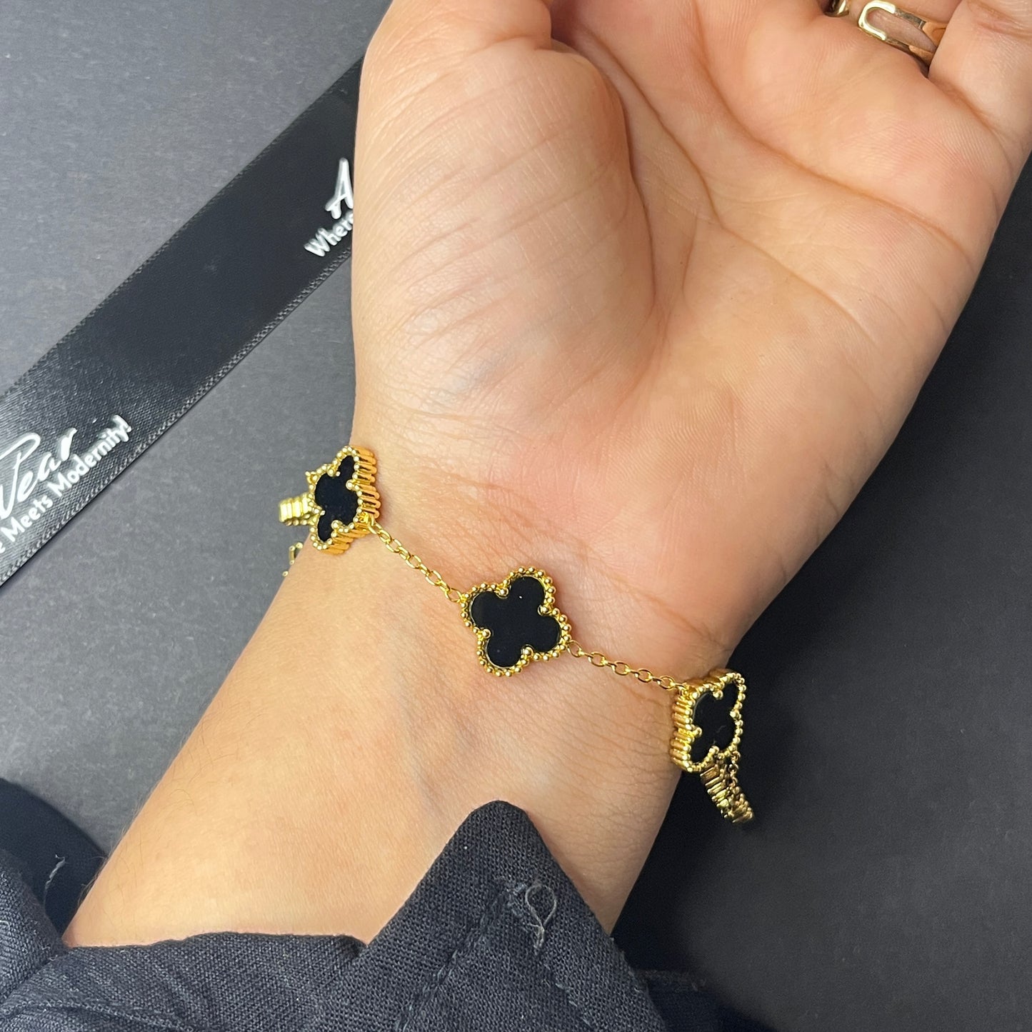 Viral Black And Golden Clover Anti Tarnish Bracelet