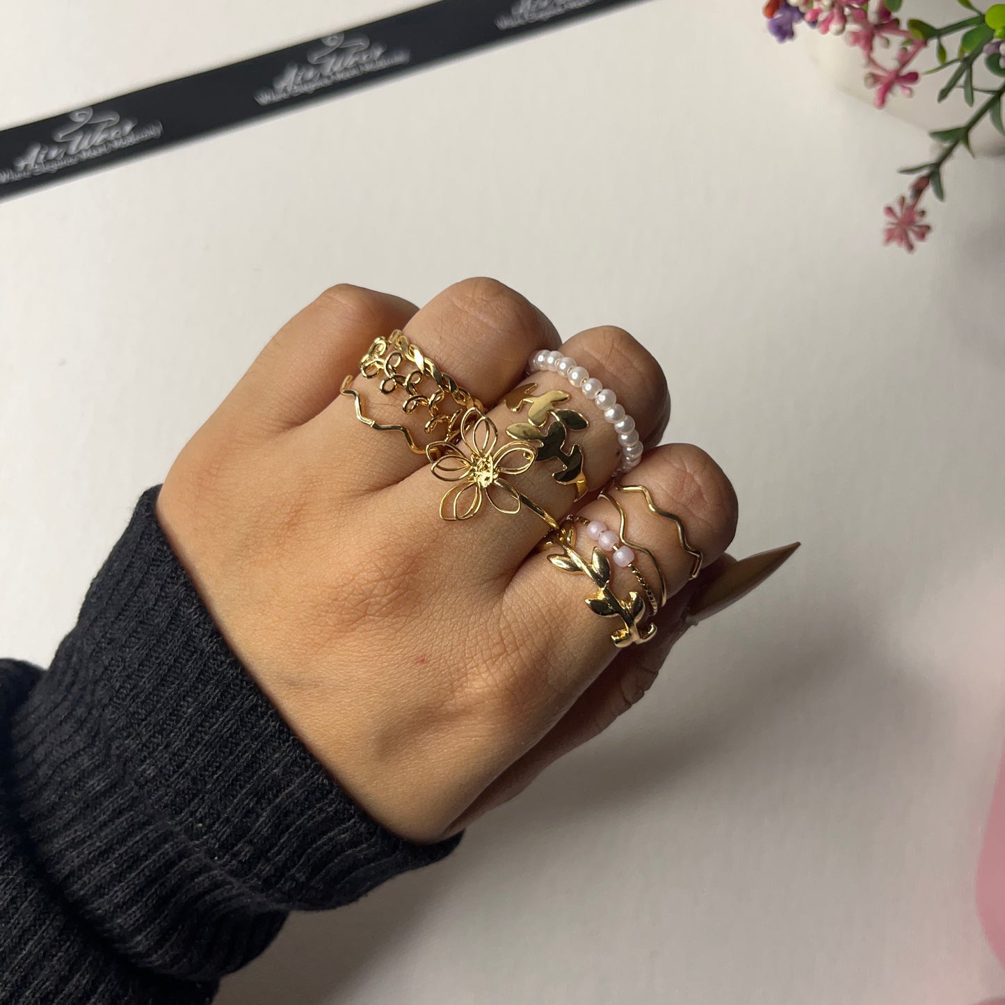 Pearl Flower Stackable Set Of 10 Rings