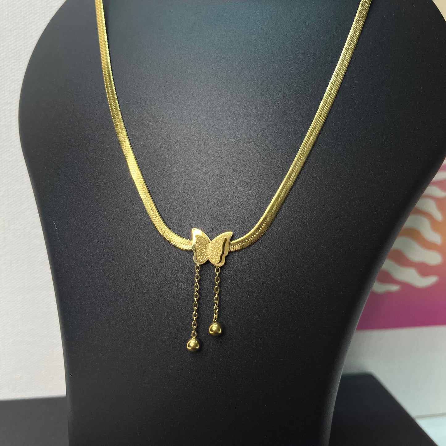 Gold Plated Stainless Steel Anti Tarnish Butterfly Themed Snake Chain Pendant