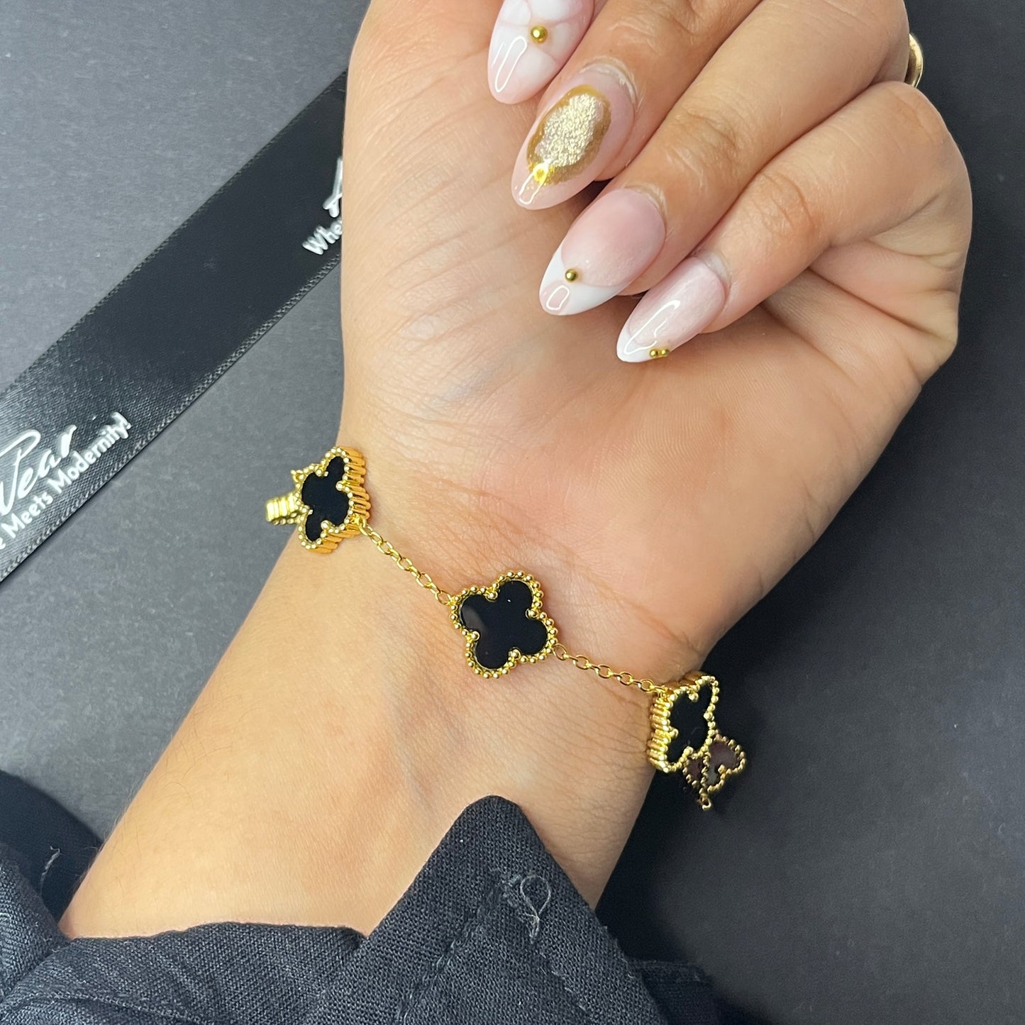 Viral Black And Golden Clover Anti Tarnish Bracelet
