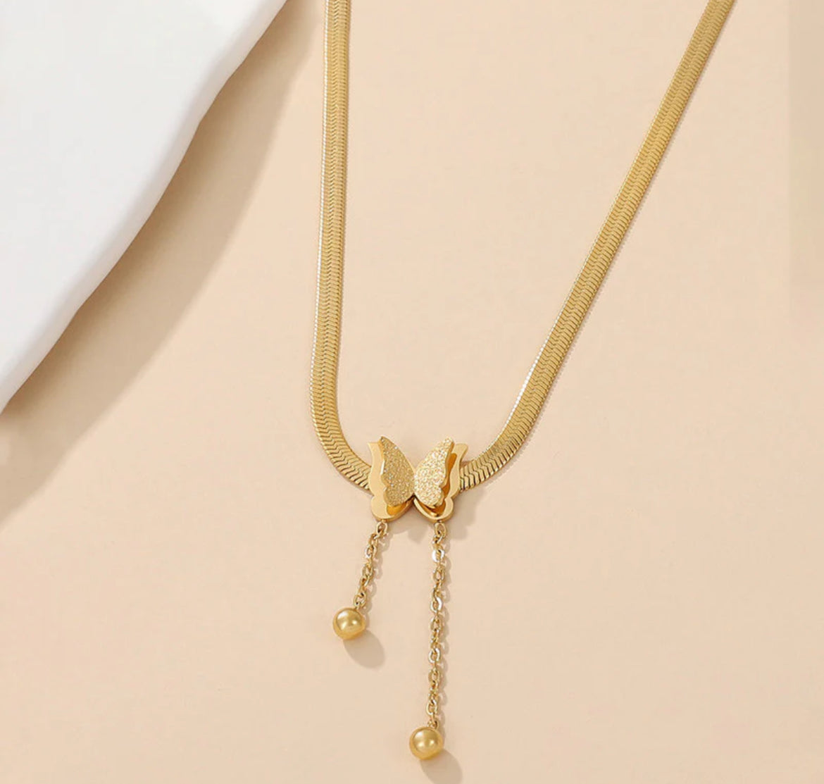 Gold Plated Stainless Steel Anti Tarnish Butterfly Themed Snake Chain Pendant