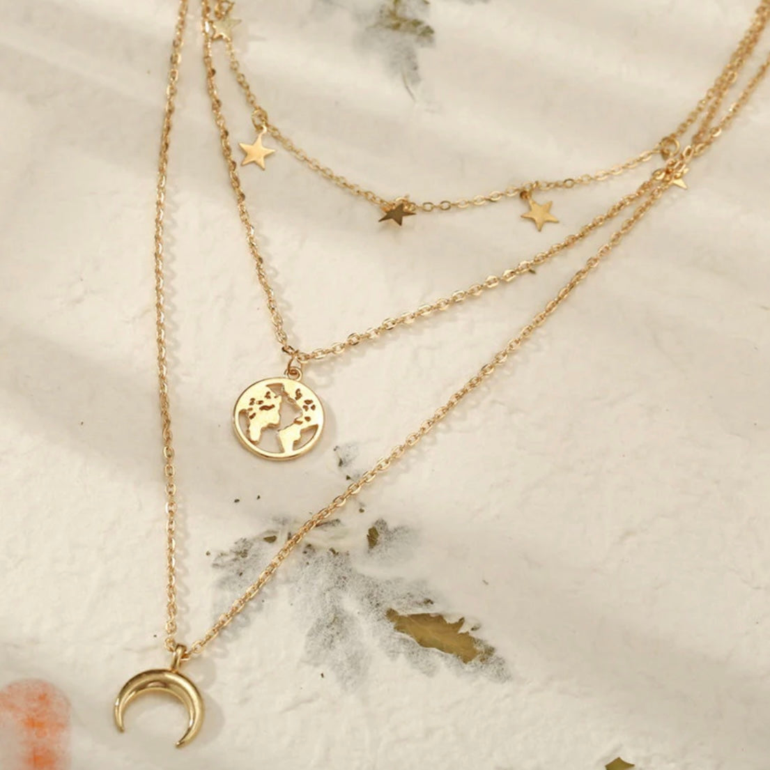 Earth Moon & Stars Layered Gold Plated Necklace