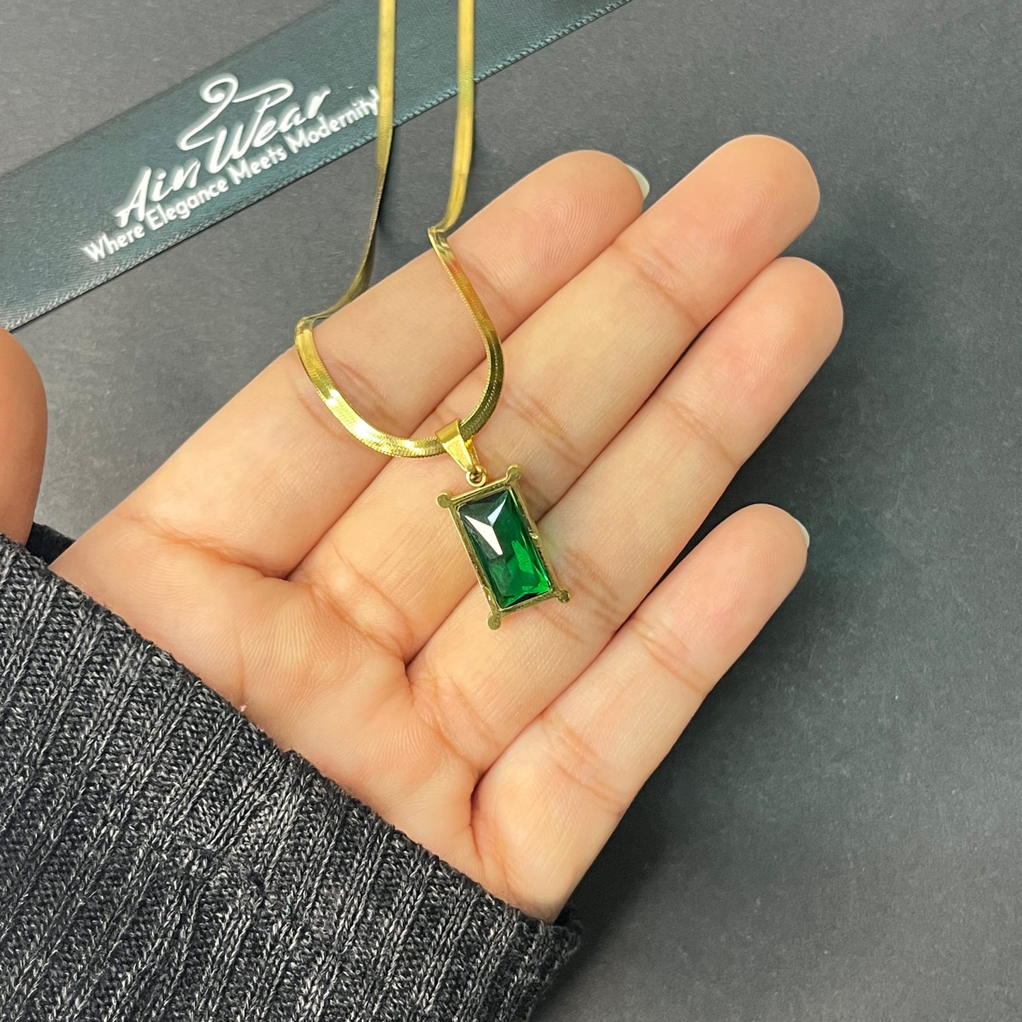 Gold Plated Anti Tarnish Green Geometric Pendant