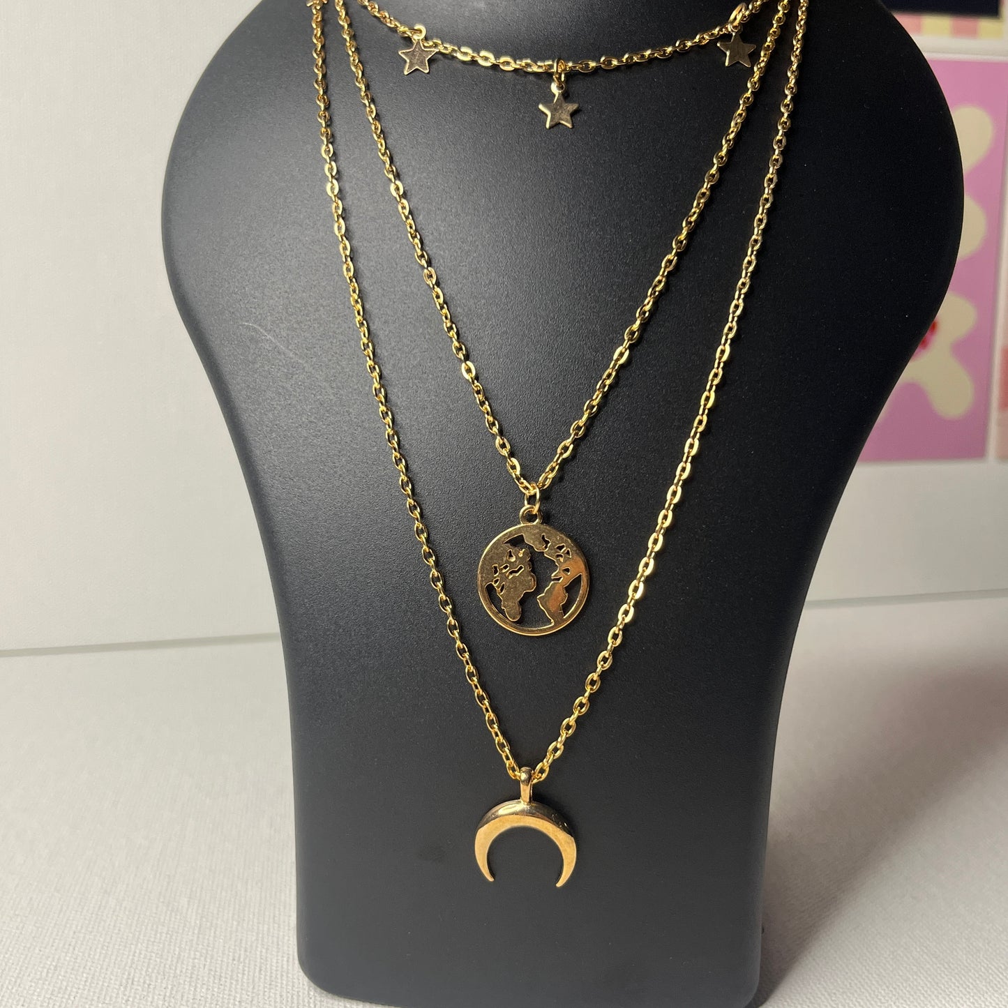 Earth Moon & Stars Layered Gold Plated Necklace