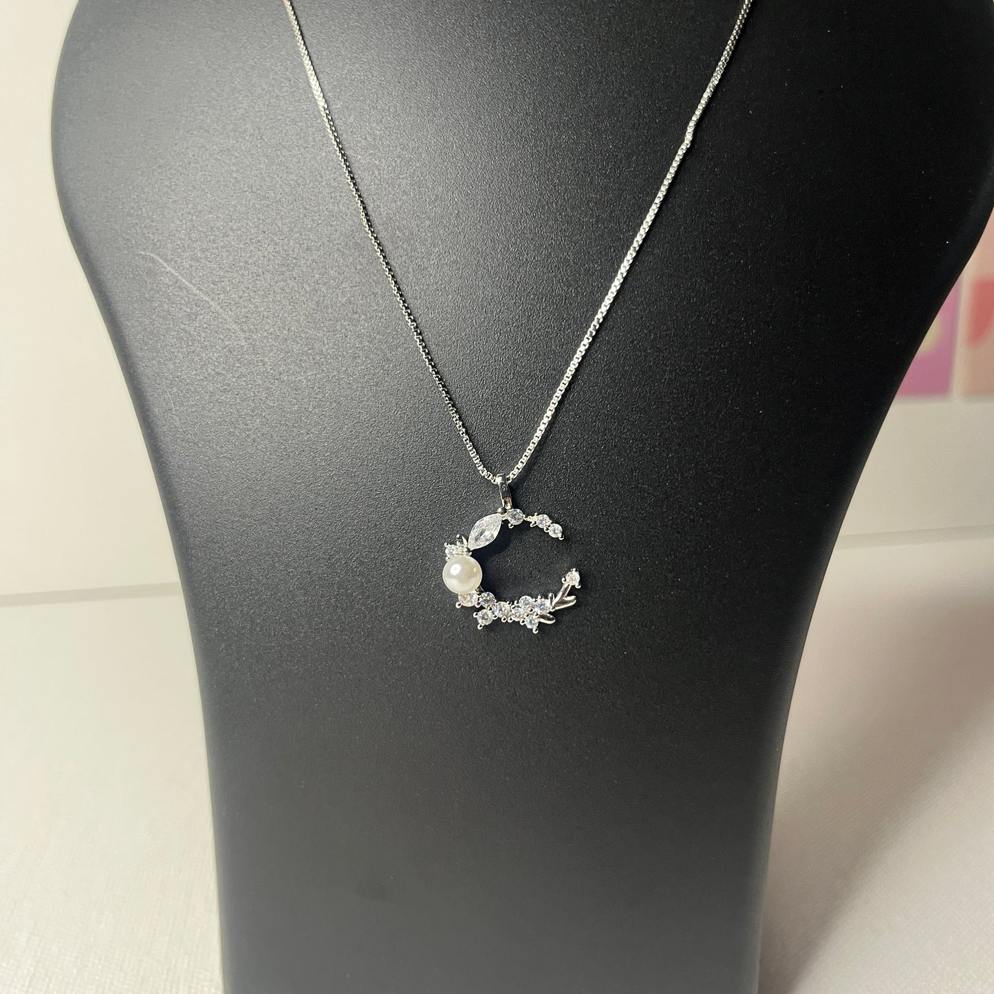 Silver Plated American Diamond Studded Moon Korean Pendant