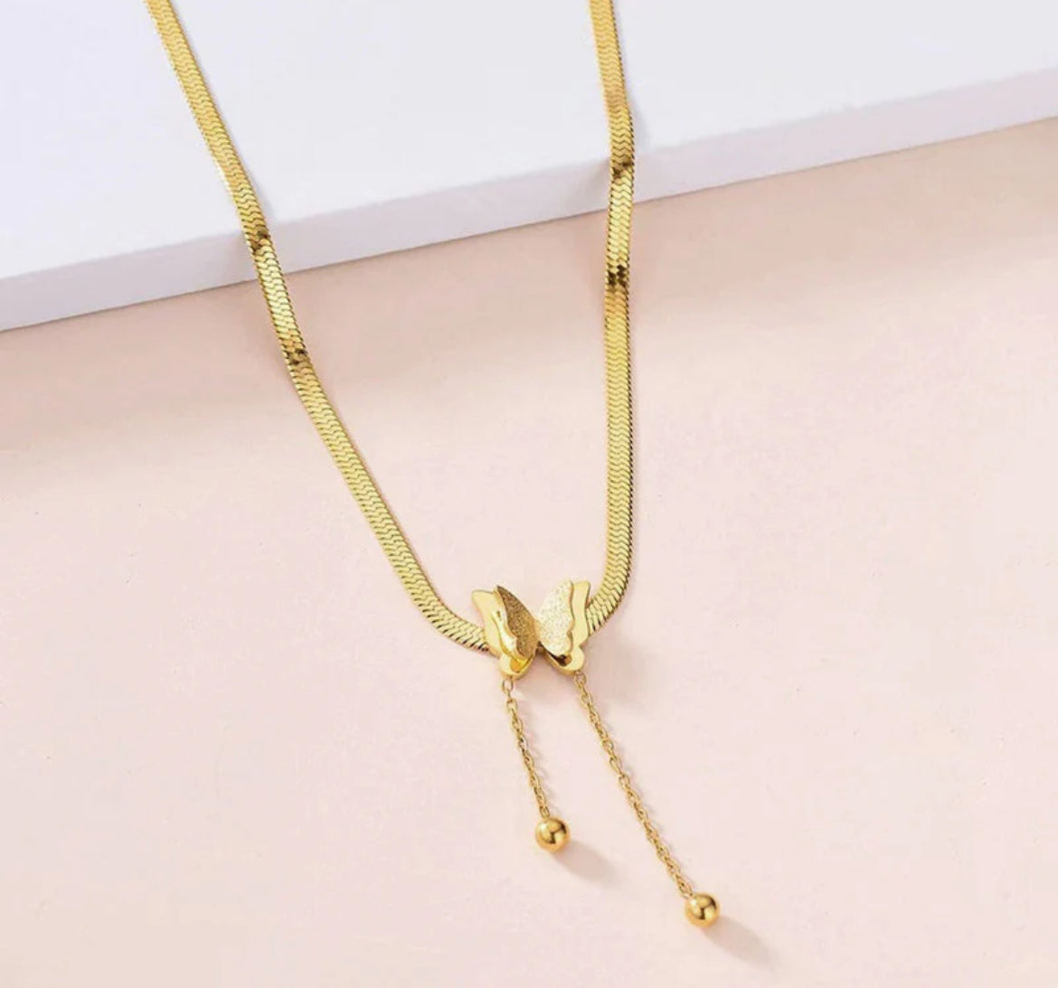 Gold Plated Stainless Steel Anti Tarnish Butterfly Themed Snake Chain Pendant