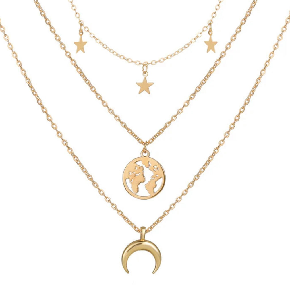 Earth Moon & Stars Layered Gold Plated Necklace