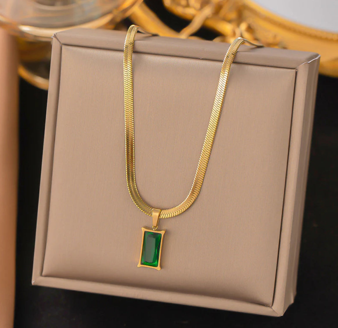 Gold Plated Anti Tarnish Green Geometric Pendant