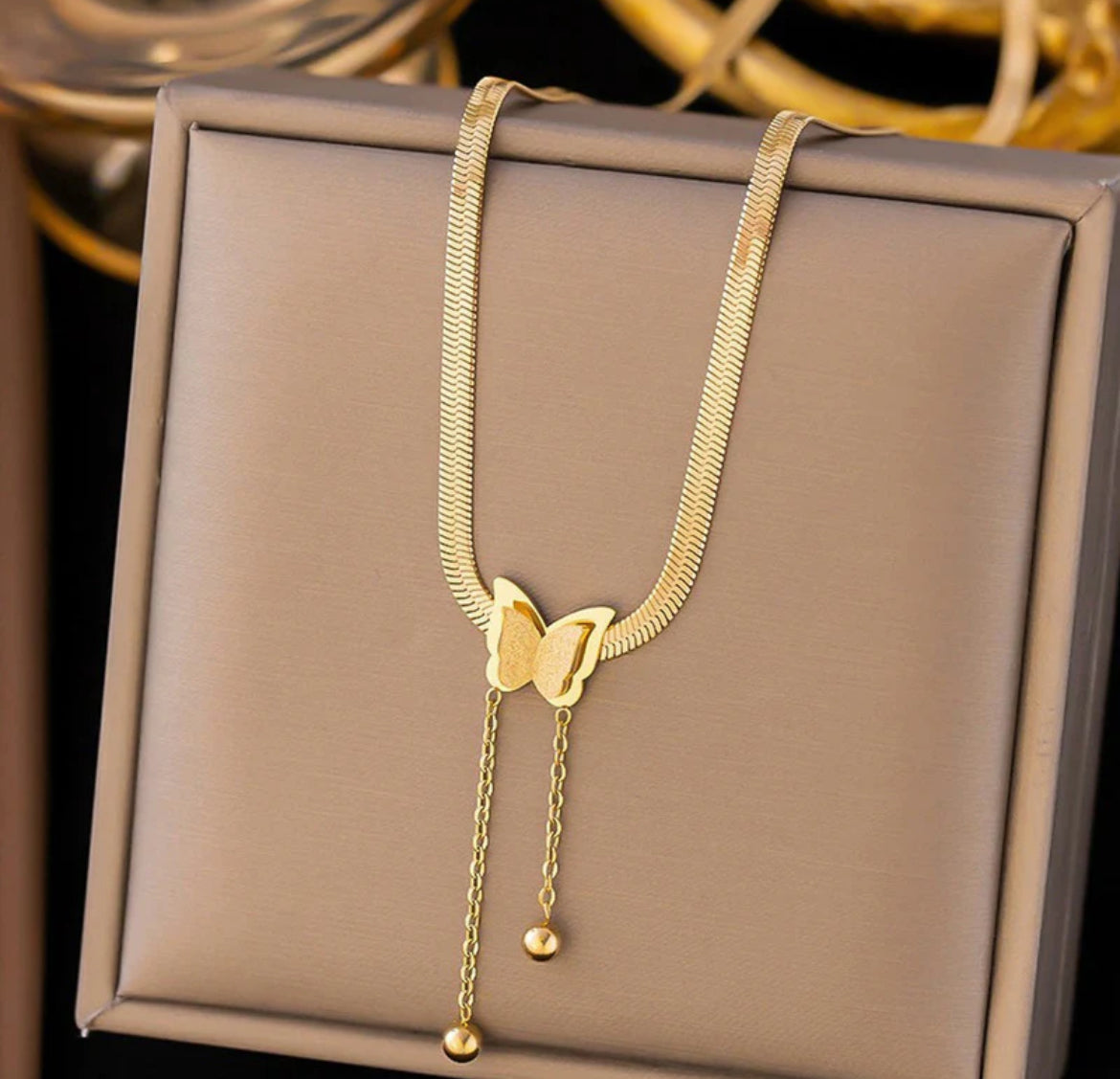 Gold Plated Stainless Steel Anti Tarnish Butterfly Themed Snake Chain Pendant