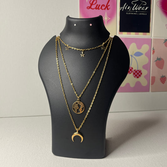 Earth Moon & Stars Layered Gold Plated Necklace