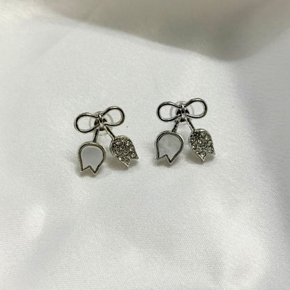 Silver White Bow Korean Earrings