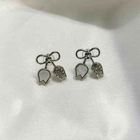Silver White Bow Korean Earrings