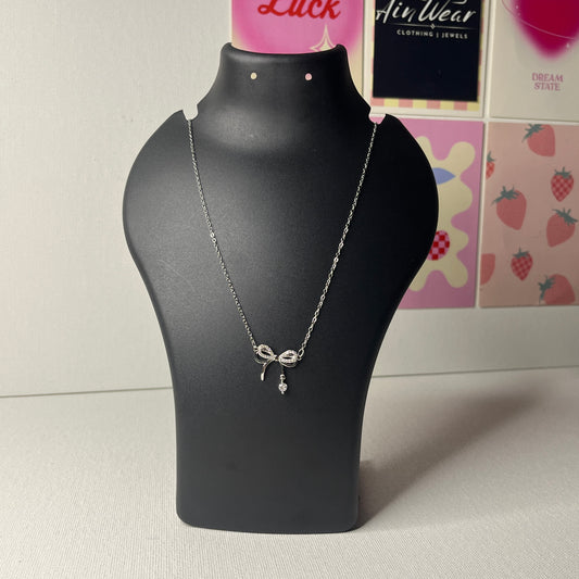 Silver Plated American Diamond Studded Infinity Bow Korean Pendant