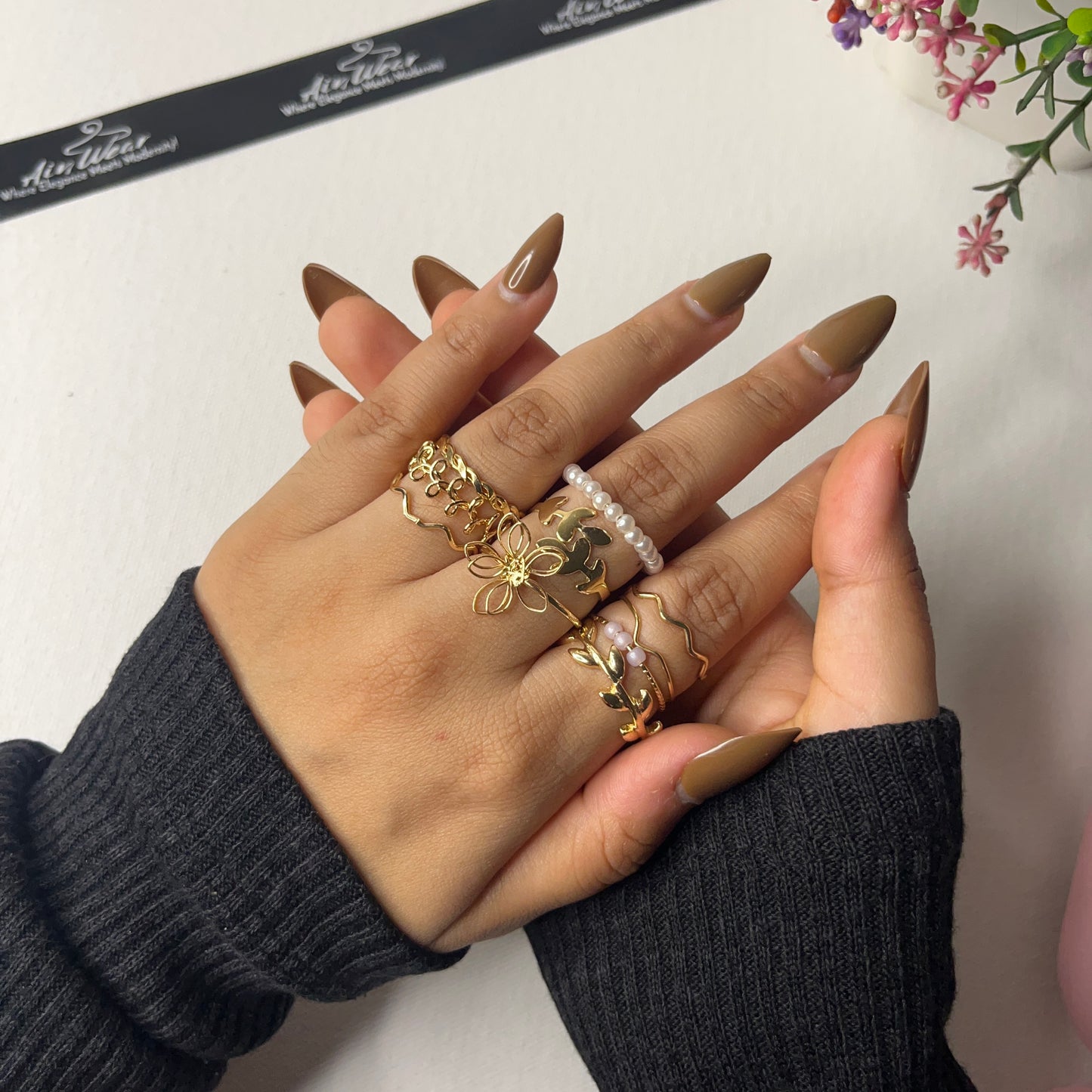 Pearl Flower Stackable Set Of 10 Rings