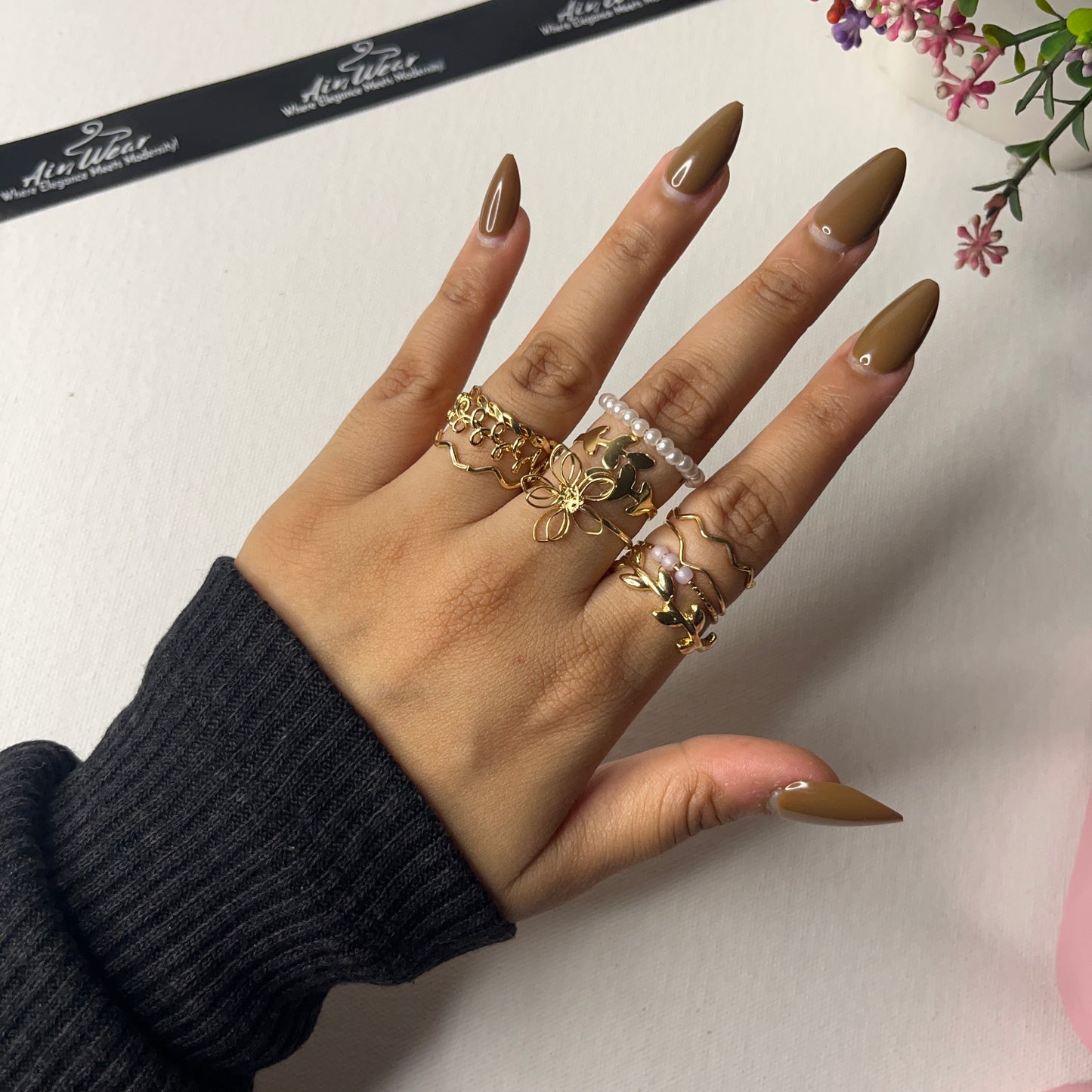 Pearl Flower Stackable Set Of 10 Rings