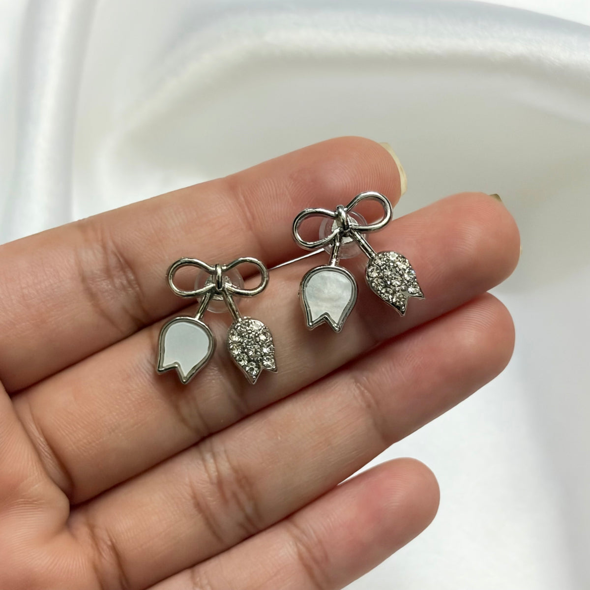Silver White Bow Korean Earrings