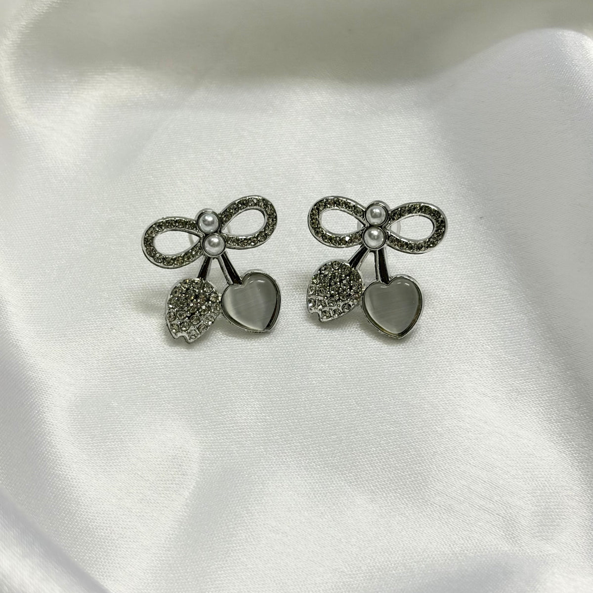 Silver-Toned Cherry Stud Korean Earrings