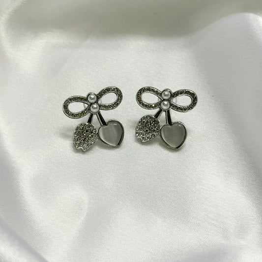 Silver-Toned Cherry Stud Korean Earrings