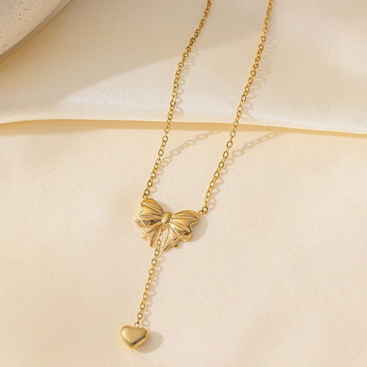 Gold Plated Stainless Steel Anti Tarnish Heart Bow Necklace