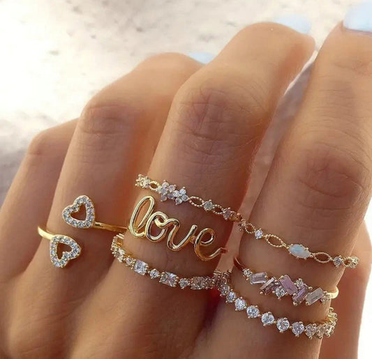 Trending Gold Plated Love Inspired Set of 7 Stackable Finger