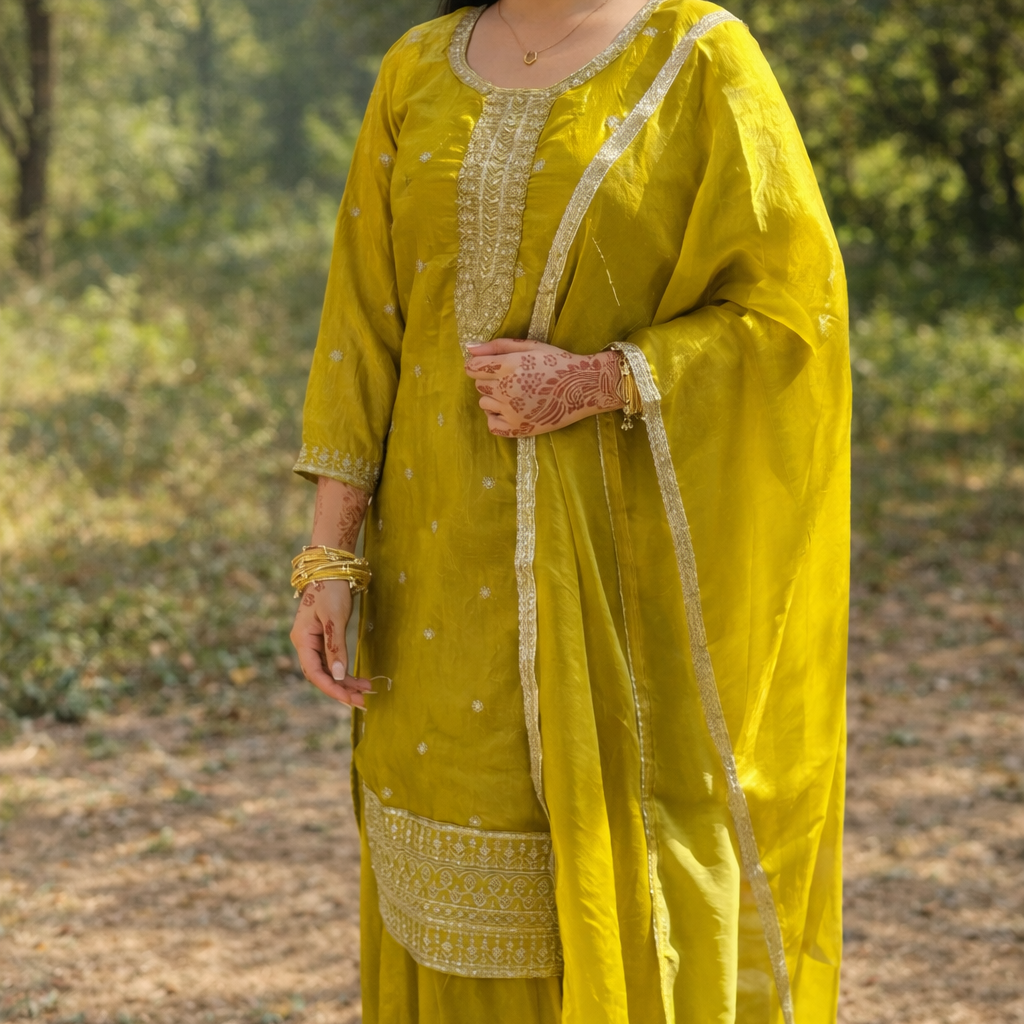 Woman in a yellow traditional outfit standing in a natural setting