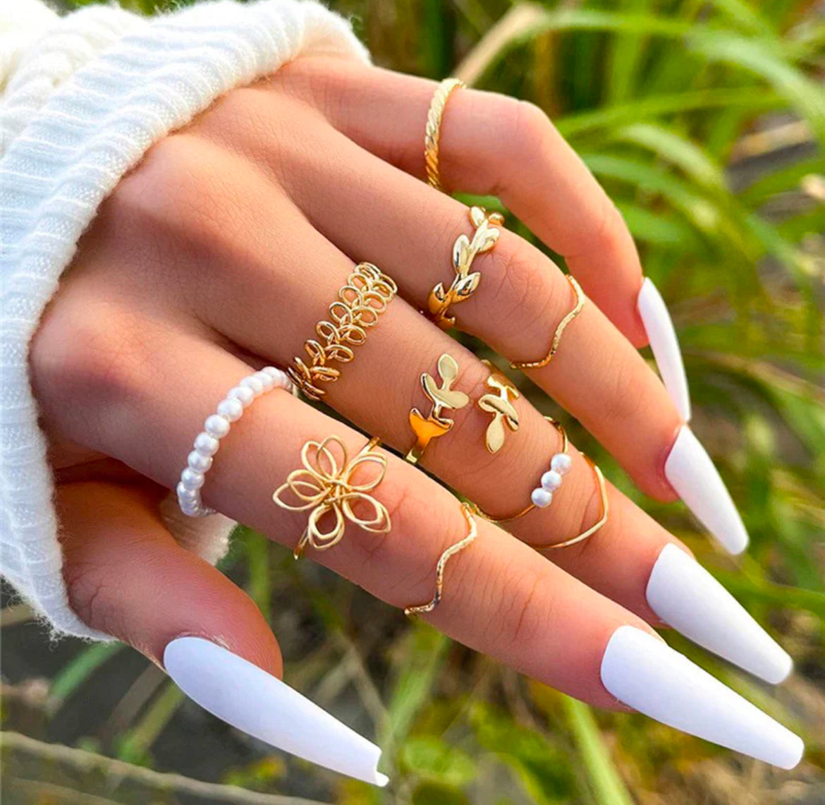 Pearl Flower Stackable Set Of 10 Rings