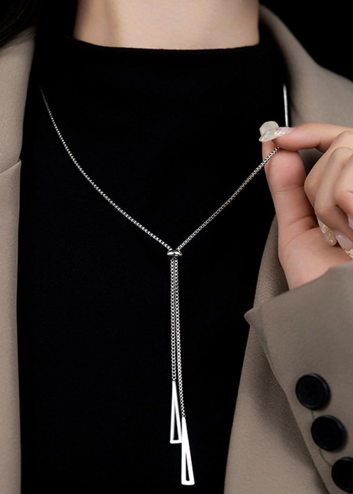 Silver-Plated Geometric Tassel Necklace, Anti-Tarnish