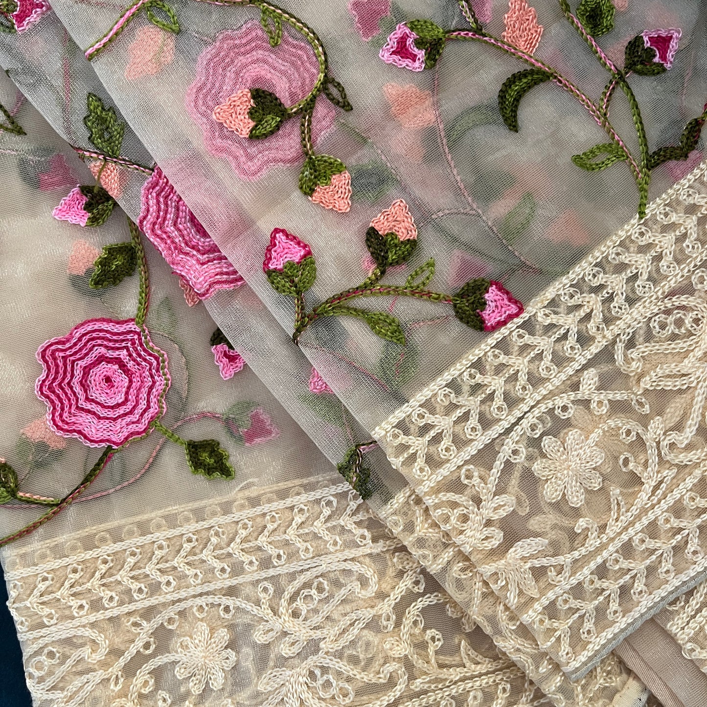 Cream Net Floral Saree