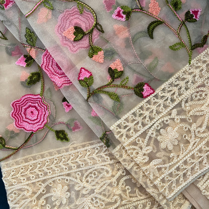 Cream Net Floral Saree