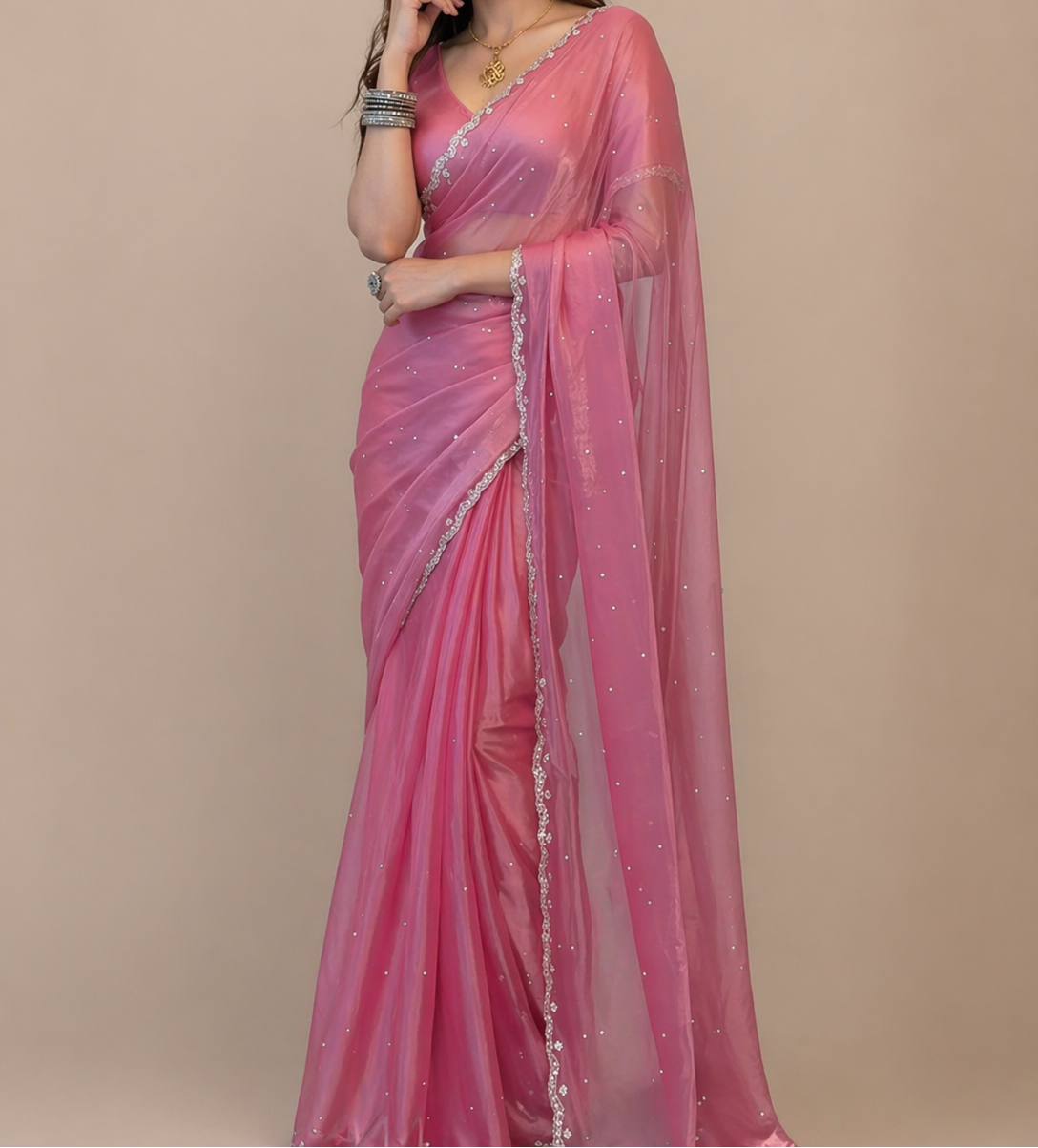 Pink Organza Silk Hand Work Saree