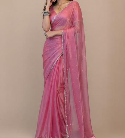 Pink Organza Silk Hand Work Saree