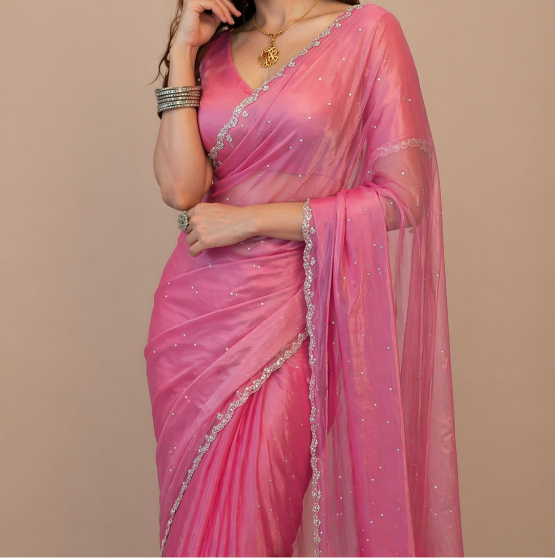 Woman wearing a pink saree with silver details against a beige background