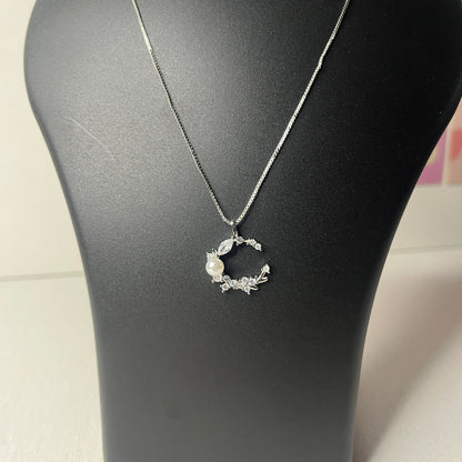 Silver Plated American Diamond Studded Moon Korean Pendant