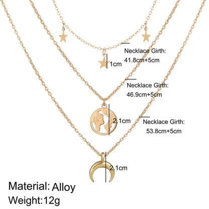 Earth Moon & Stars Layered Gold Plated Necklace