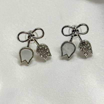 Silver White Bow Korean Earrings