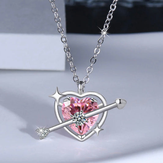 Pinteresty Silver Plated American Diamond Studded Pink Heart Pendant