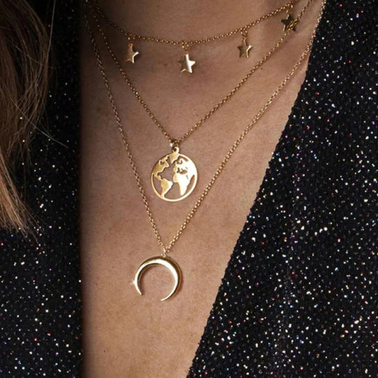 Earth Moon & Stars Layered Gold Plated Necklace