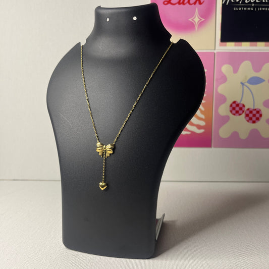 Gold Plated Stainless Steel Anti Tarnish Heart Bow Necklace