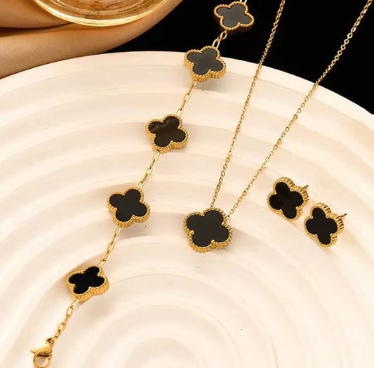 Viral Stainless Steel Gold Plated Set Of Black Anti Tarnish Clover Jewellery Set For Girls And Women