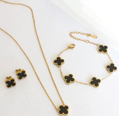 Viral Stainless Steel Gold Plated Set Of Black Anti Tarnish Clover Jewellery Set For Girls And Women