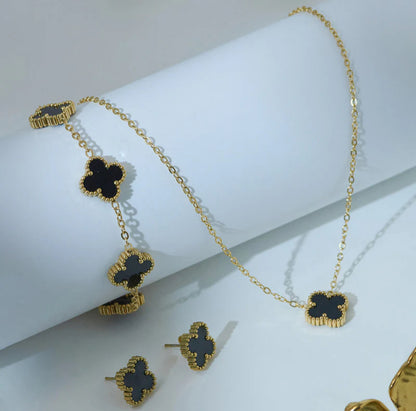Viral Stainless Steel Gold Plated Set Of Black Anti Tarnish Clover Jewellery Set For Girls And Women