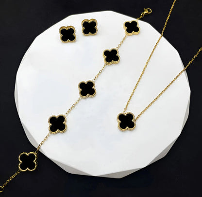 Viral Stainless Steel Gold Plated Set Of Black Anti Tarnish Clover Jewellery Set For Girls And Women