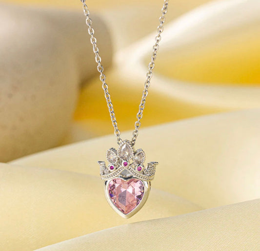Anti Tarnish Silver Plated Heart Themed Pink Crown Pendant