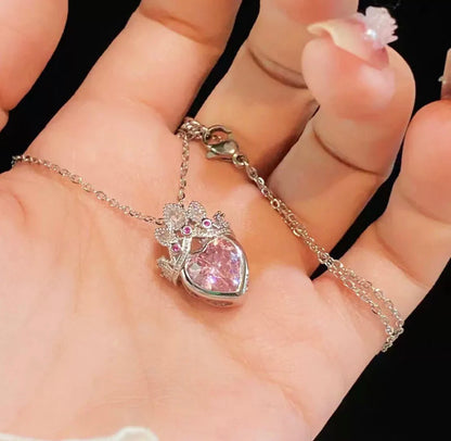 Anti Tarnish Silver Plated Heart Themed Pink Crown Pendant