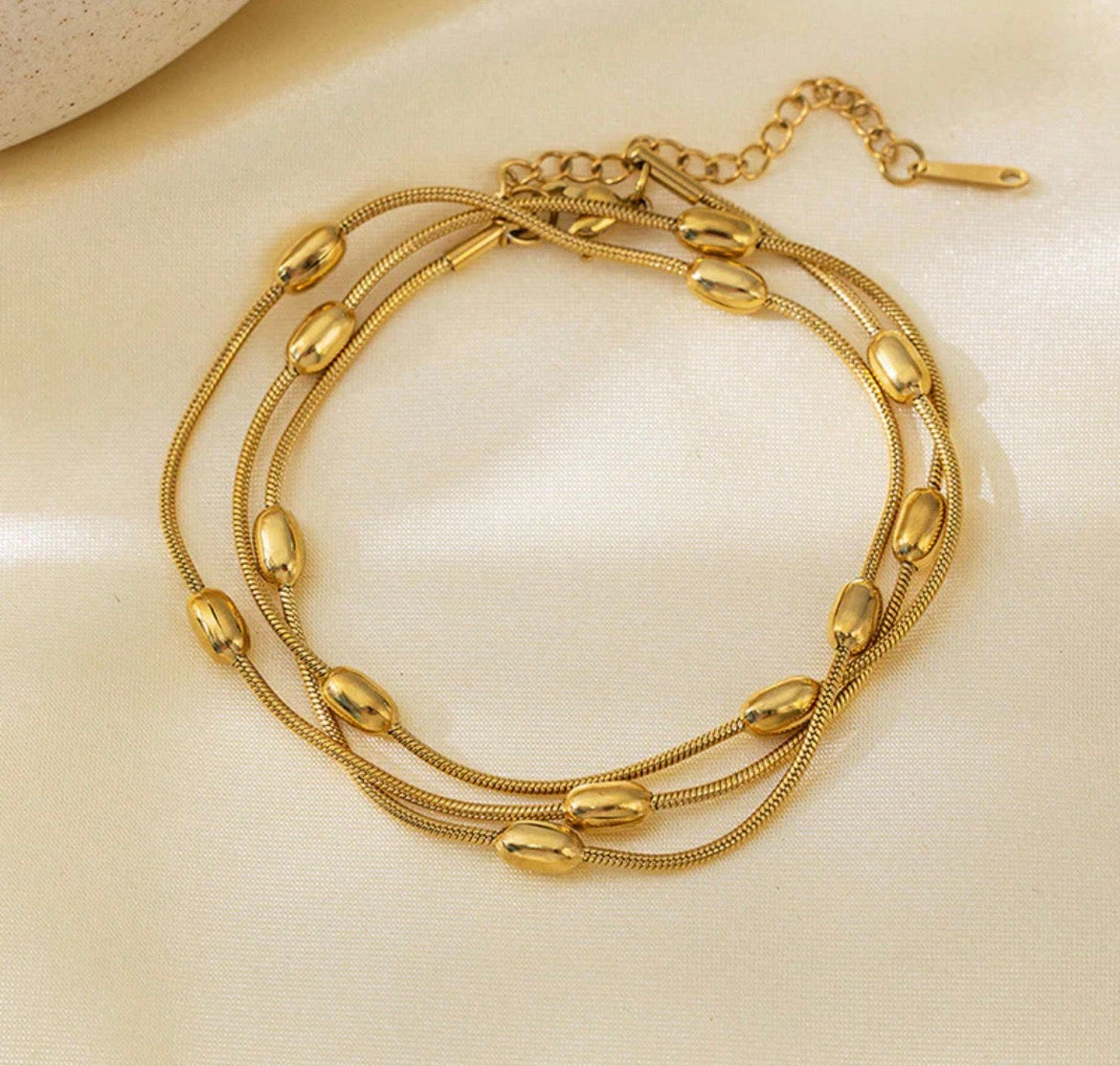 Gold Plated Anti Tarnish Stainless Steel Triple Strand Necklace Wraparound Bracelet cum Necklace