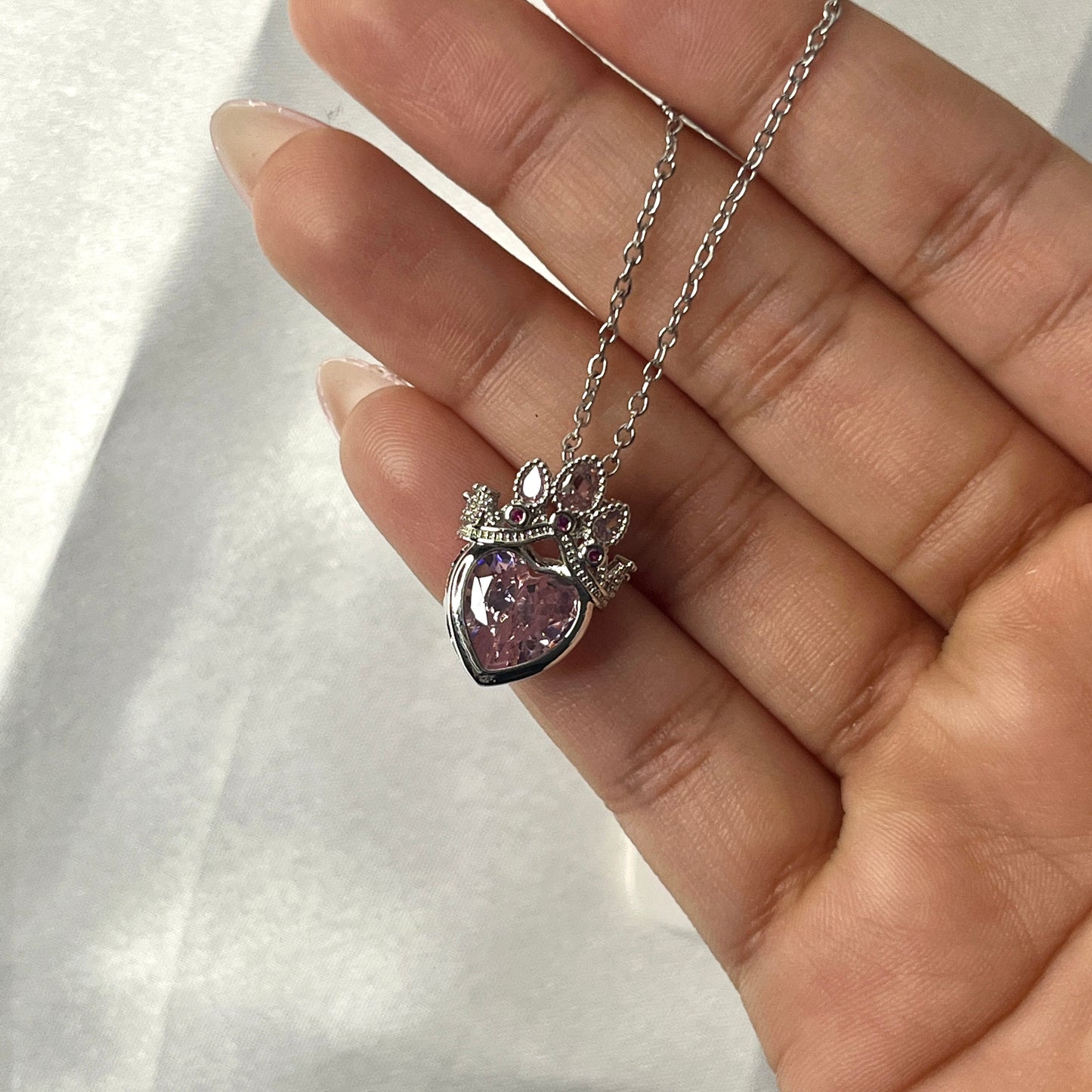 Anti Tarnish Silver Plated Heart Themed Pink Crown Pendant
